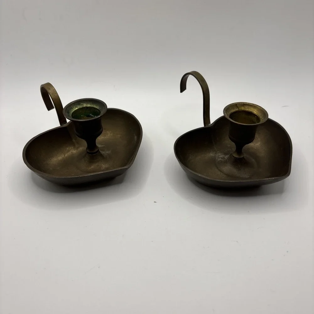 Vtg Pair Of Solid Brass Heart Chamber Candlestick Holders Made In India Set Of 2